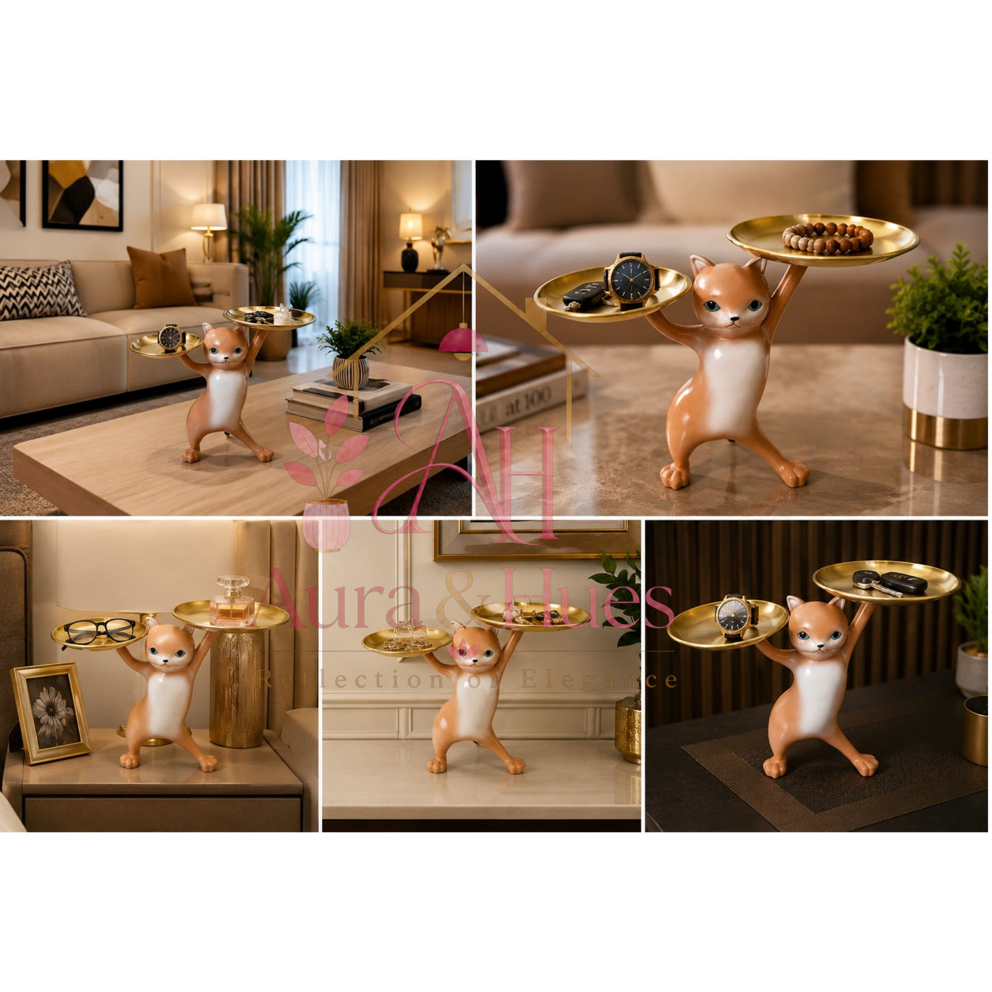 Decorative Cat Figurine with Dual Metal Serving Trays
