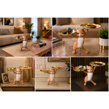 Decorative Cat Figurine with Dual Metal Serving Trays