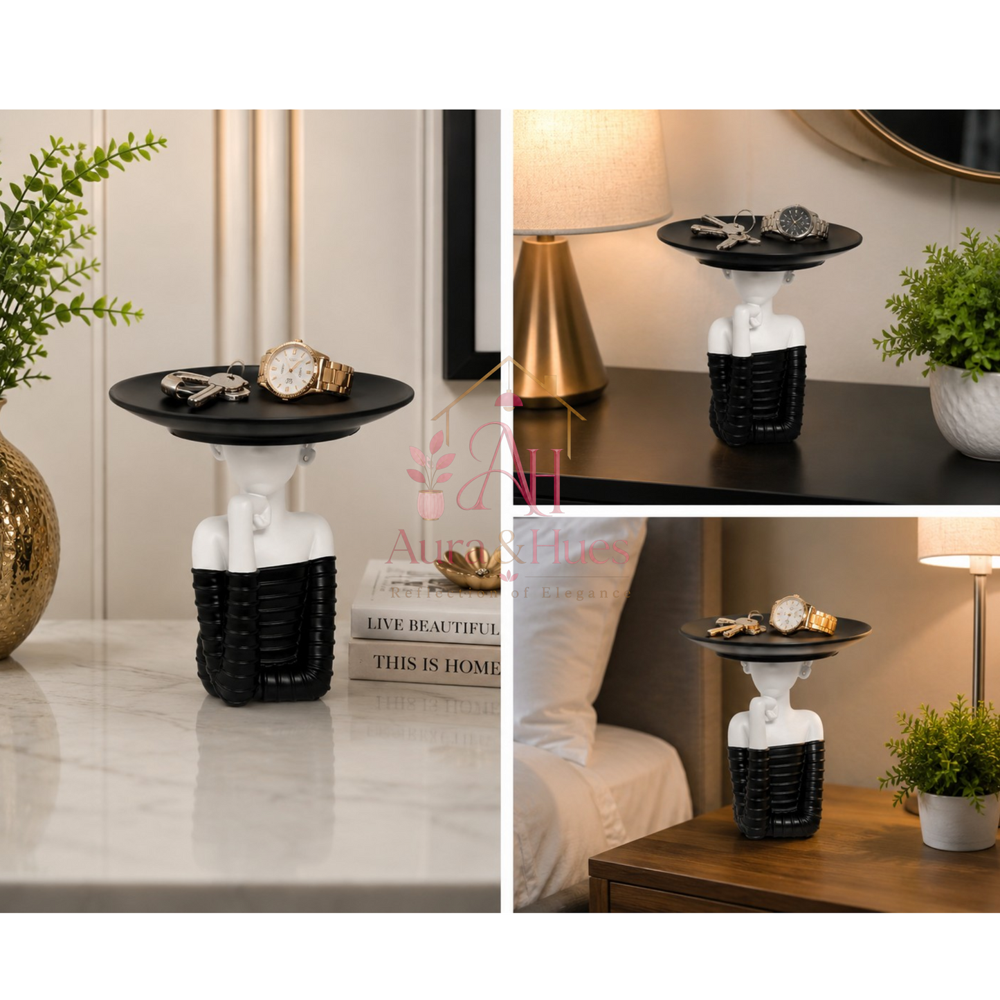Modern Decorative Tray Showpiece with Figurine Base, Multipurpose Key Holder Organizer for Home, Office, Entryway Table, Jewelry, Watches & Accessories