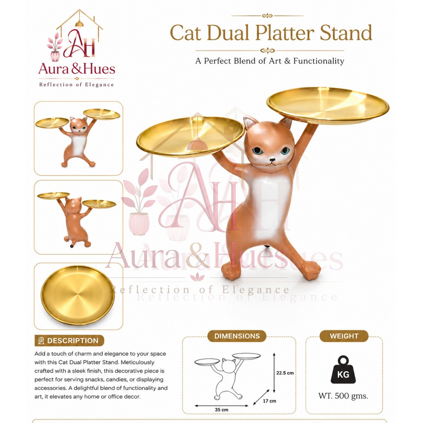 Decorative Cat Figurine with Dual Metal Serving Trays