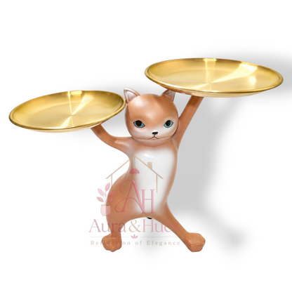 Decorative Cat Figurine with Dual Metal Serving Trays