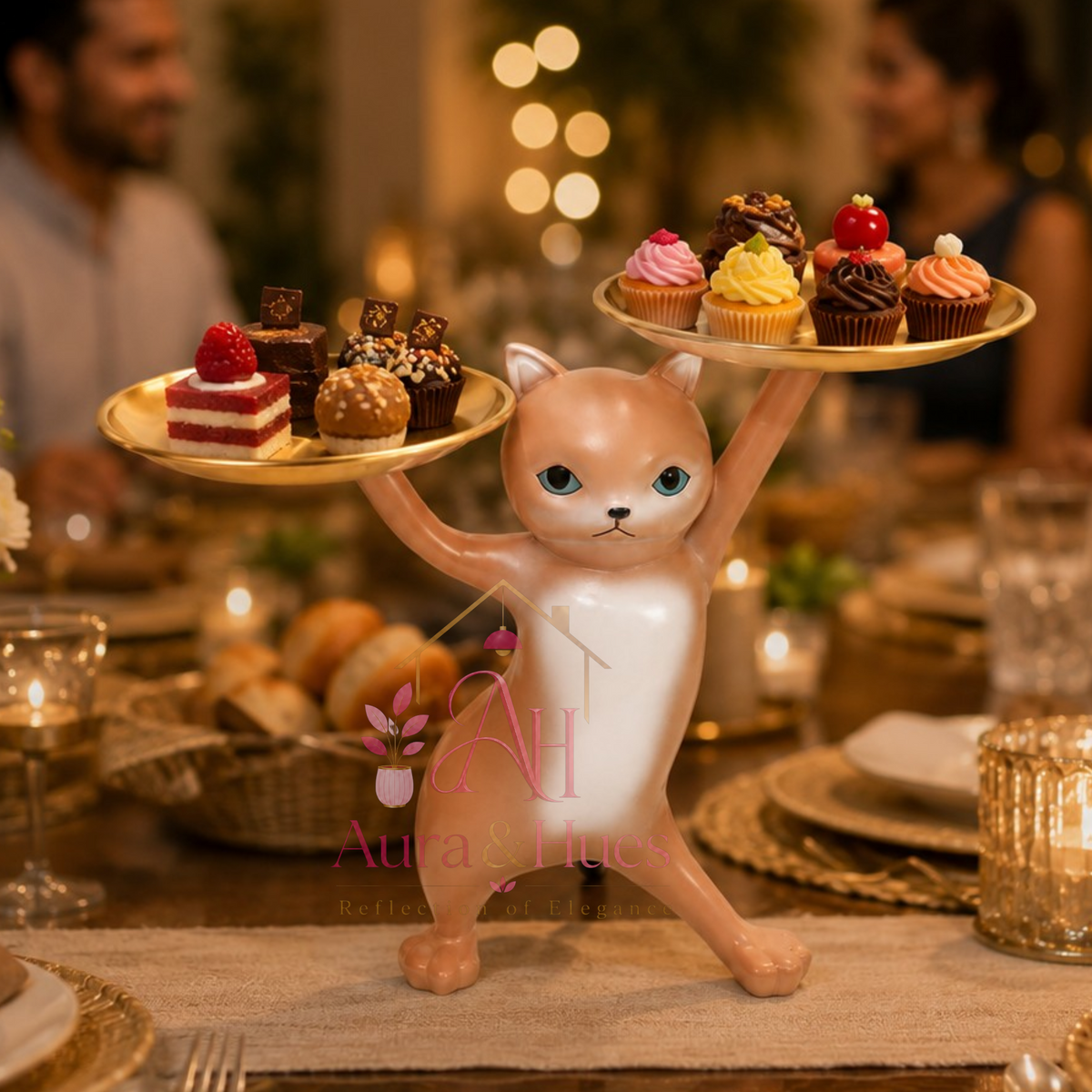 Decorative Cat Figurine with Dual Metal Serving Trays