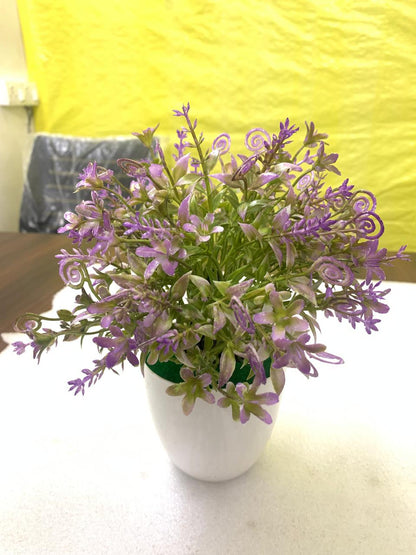 Aura & Hues Artificial Lavender Floral Pot | Decorative Tabletop Plant with White Ceramic Pot