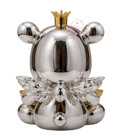 Royal Bear Silver Decorative Statue with Multipurpose Golden Tray