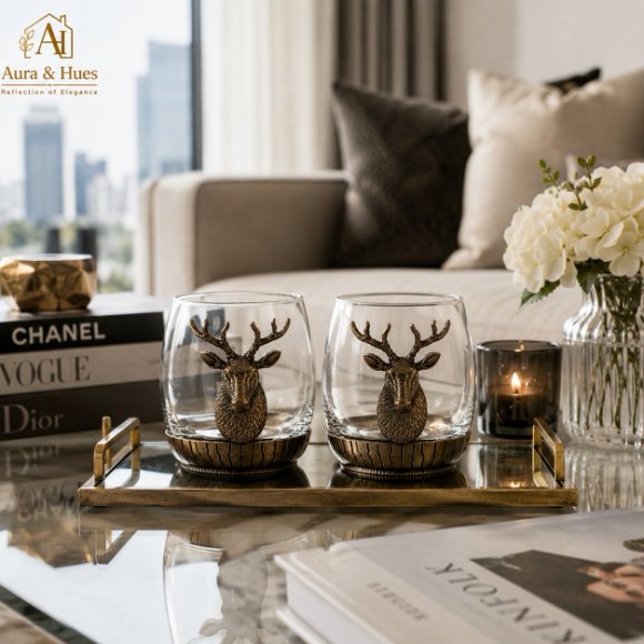 Premium Luxury Whisky Tumbler Glasses with Metal Deer Head & Base Set of 2, Designer Scotch, Bourbon & Cocktail Glasses