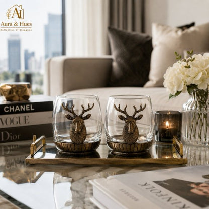 Premium Luxury Whisky Tumbler Glasses with Metal Deer Head & Base Set of 2, Designer Scotch, Bourbon & Cocktail Glasses