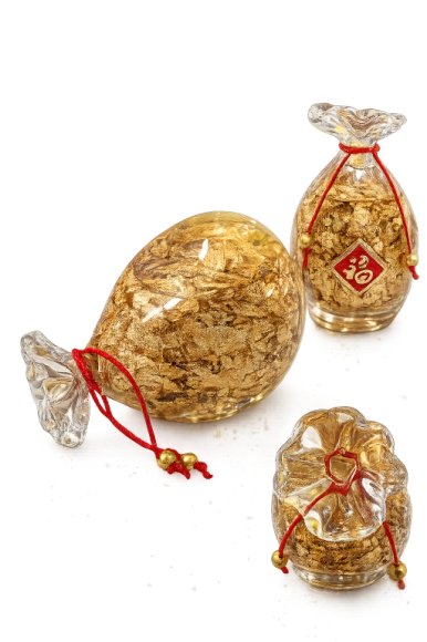 Premium Luxury Gold Leaf Filled Glass Luck/ Fortune Bag Showpiece with 24K Gold Leaf, Feng Shui Wealth Décor
