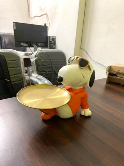Cute Snoopy Inspired Dog Figurine Showpiece with Metal Tray