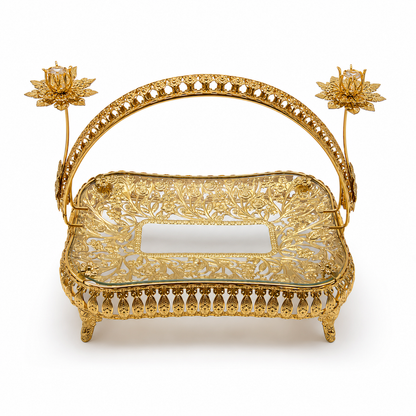 Aura & Hues Luxurious Golden Square Decorative Serving Tray with Crafted Handles for Coffee Table Centerpiece Decor