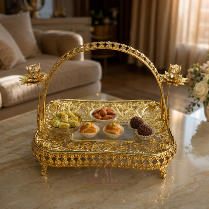 Aura & Hues Luxurious Golden Square Decorative Serving Tray with Crafted Handles for Coffee Table Centerpiece Decor