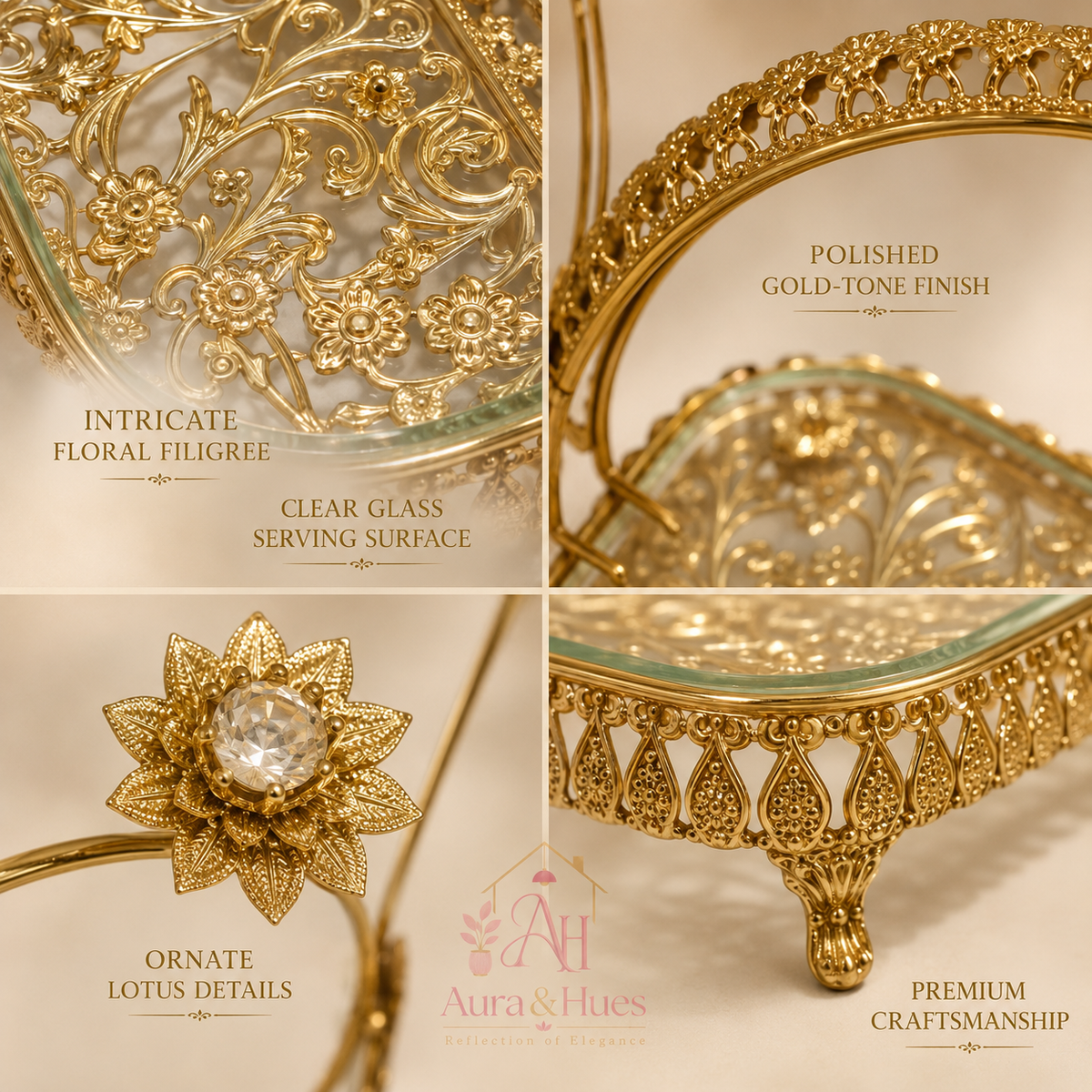 Aura & Hues Luxurious Golden Square Decorative Serving Tray with Crafted Handles for Coffee Table Centerpiece Decor