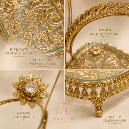 Aura & Hues Luxurious Golden Square Decorative Serving Tray with Crafted Handles for Coffee Table Centerpiece Decor