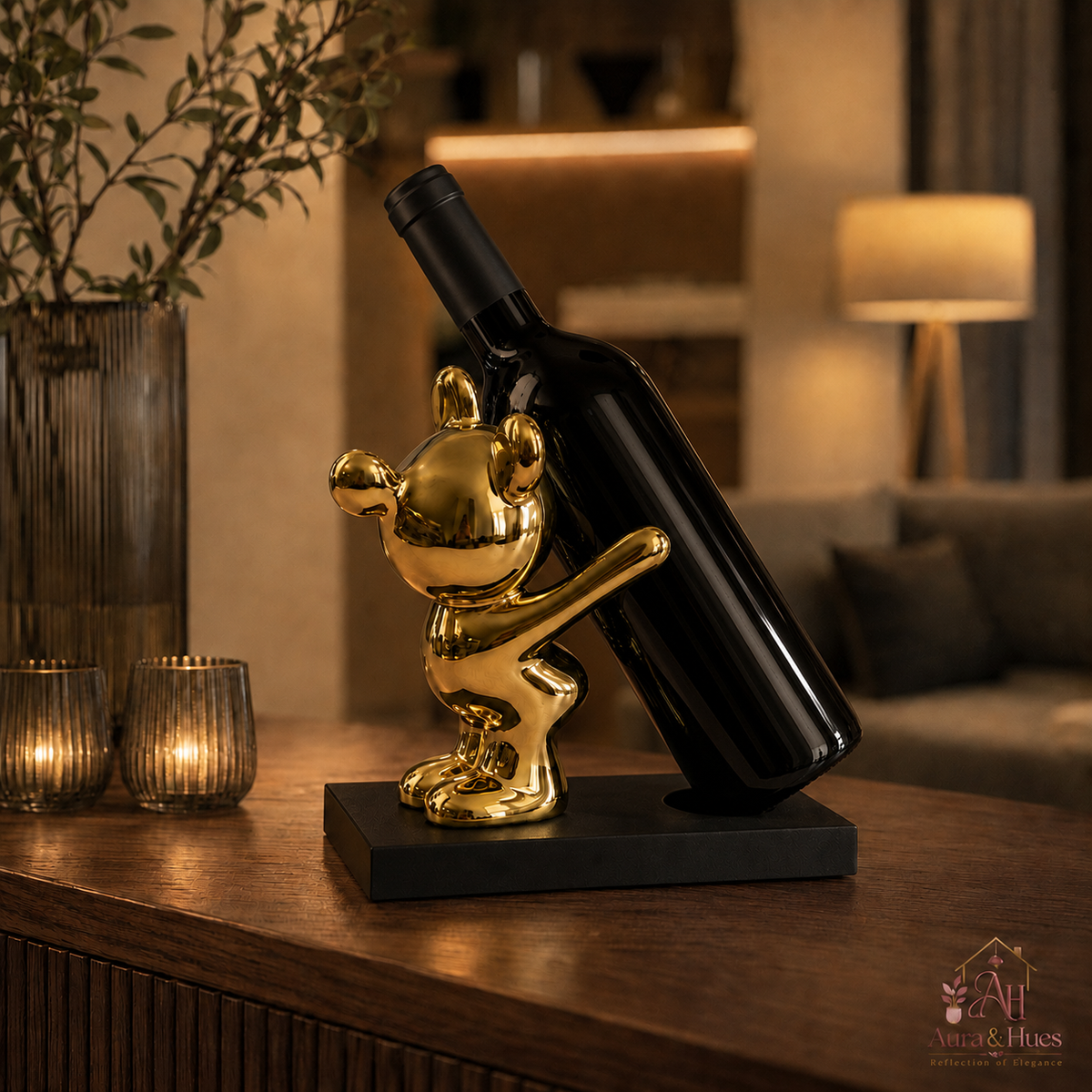 Aura & Hues Modern Artistic Decorative Wine Bottle Holder Stand Elegant Tabletop Wine Rack Sculpture for Dining Table and Bar Cabinet