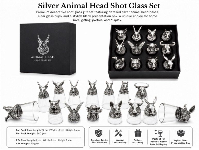 Luxury Animal Head Shot Glass Set with Black Gift Box, Premium Silver Finish Barware