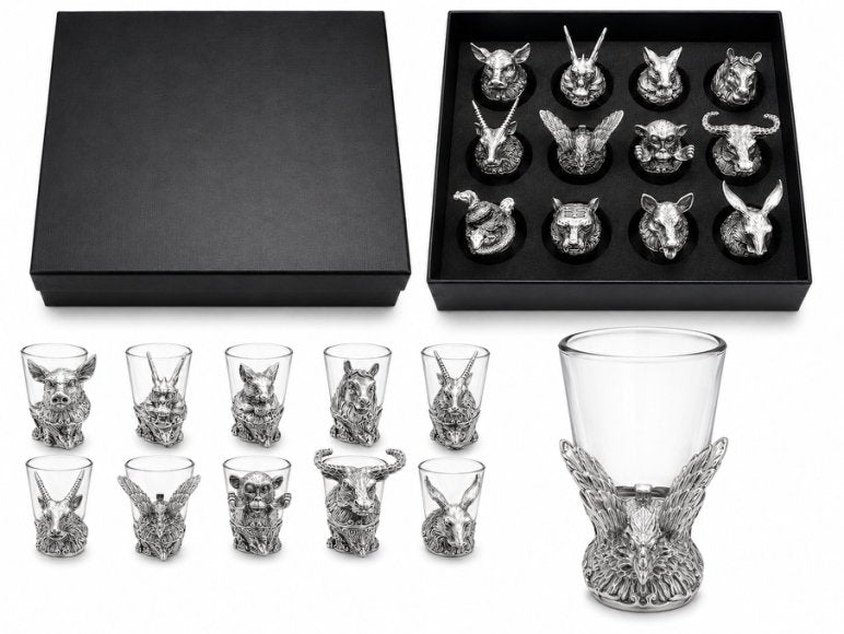 Luxury Animal Head Shot Glass Set with Black Gift Box, Premium Silver Finish Barware