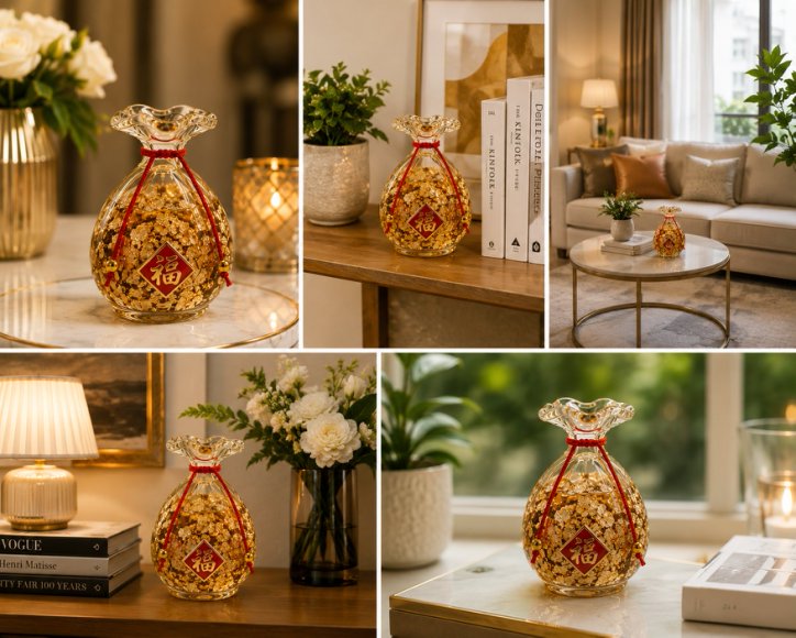 Premium Luxury Gold Leaf Filled Glass Luck/ Fortune Bag Showpiece with 24K Gold Leaf, Feng Shui Wealth Décor