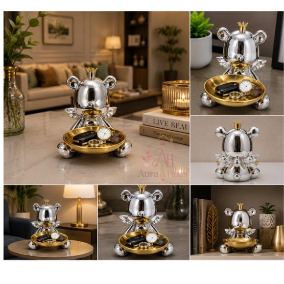 Royal Bear Silver Decorative Statue with Multipurpose Golden Tray