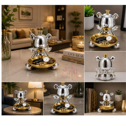 Royal Bear Silver Decorative Statue with Multipurpose Golden Tray