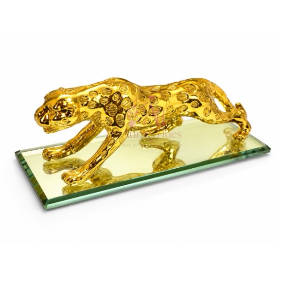 Royal Beast Golden Jaguar With Glass Decorative Showpiece