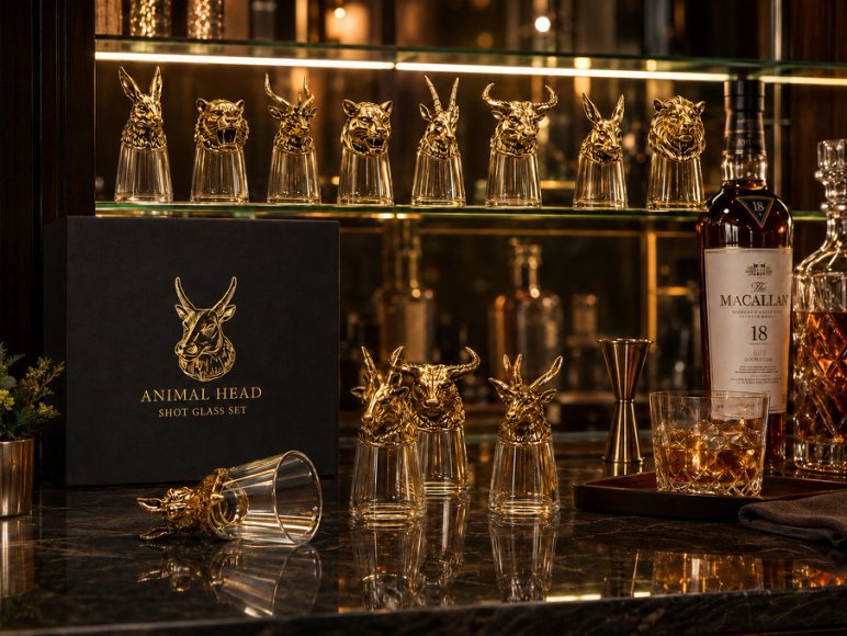 Luxury Animal Head Shot Glass Set with Black Gift Box, Premium  Golden Finish Barware