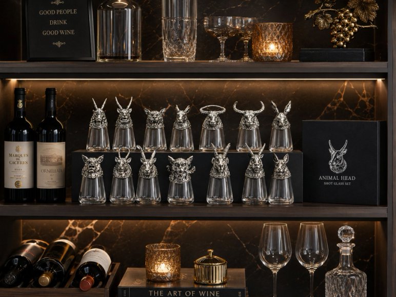 Luxury Animal Head Shot Glass Set with Black Gift Box, Premium Silver Finish Barware
