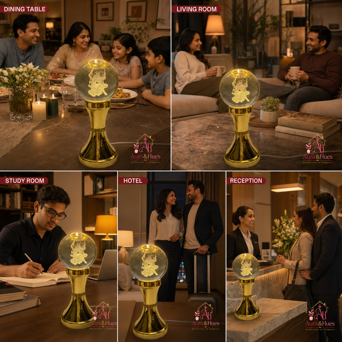LED Crystal Ball Radha Krishna lamp on gold metal stand - product shot