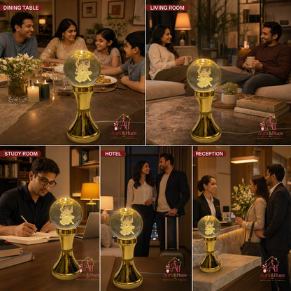 LED Crystal Ball Radha Krishna lamp on gold metal stand - product shot