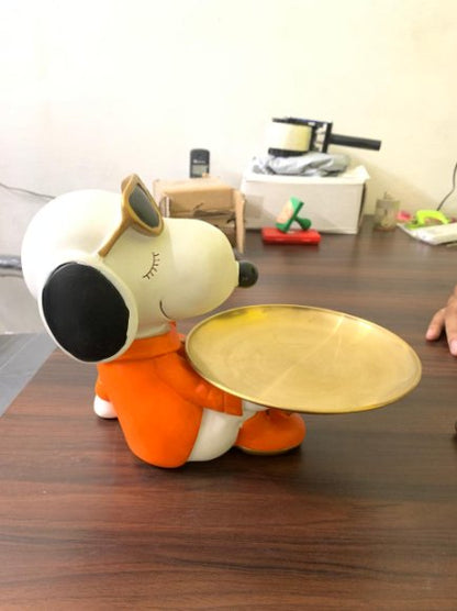 Cute Snoopy Inspired Dog Figurine Showpiece with Metal Tray