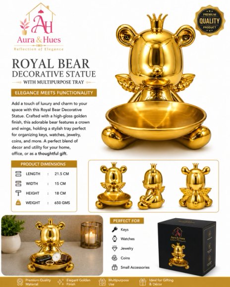 Royal Bear Golden Decorative Statue with Multipurpose Golden Tray