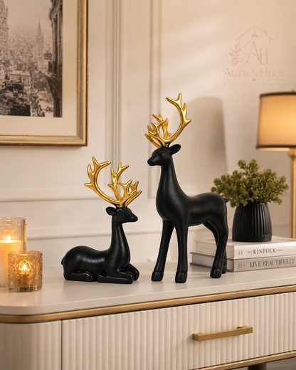 Luxury Black Deer Pair Showpiece Set, Premium Resin Deer Figurines with Golden Antlers