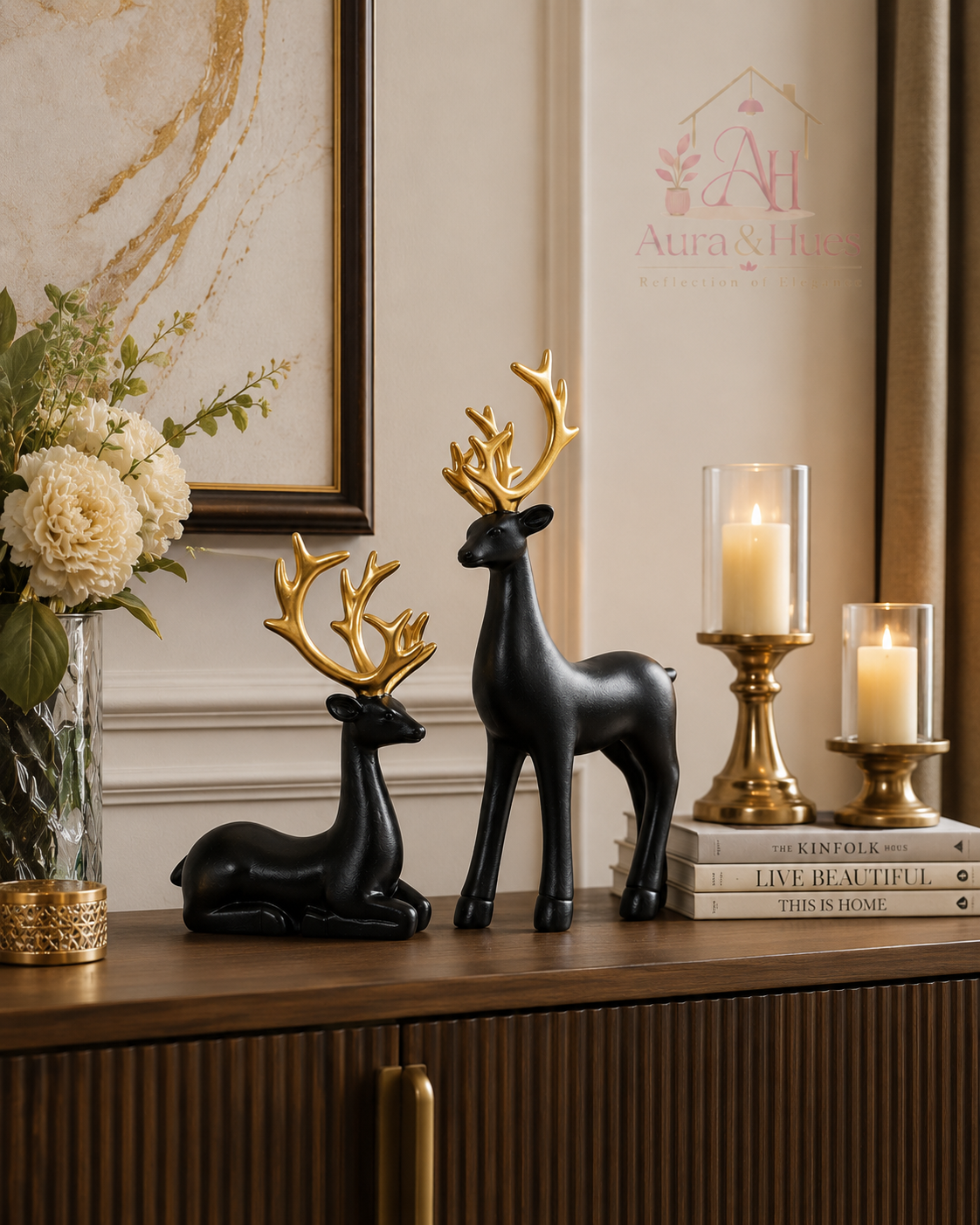 Luxury Black Deer Pair Showpiece Set, Premium Resin Deer Figurines with Golden Antlers